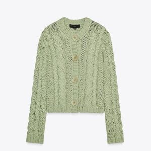 Zara Knit Jacket With Flower Buttons Size Large Light Green NWT